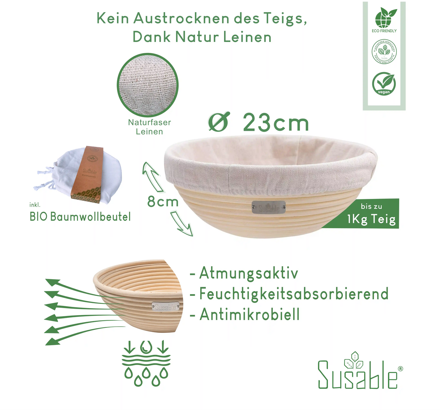 Brot Rund Gärkorb aus Rattan mit Eco-Baumwollabdeckung und Leinen Einsatz – Perfekt für 1 kg Brot