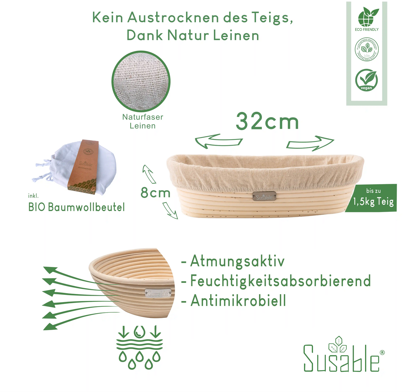 Brot Oval 32cm Gärkorb aus Rattan mit Eco-Baumwollabdeckung und Leinen Einsatz – Perfekt für 2 kg Brot