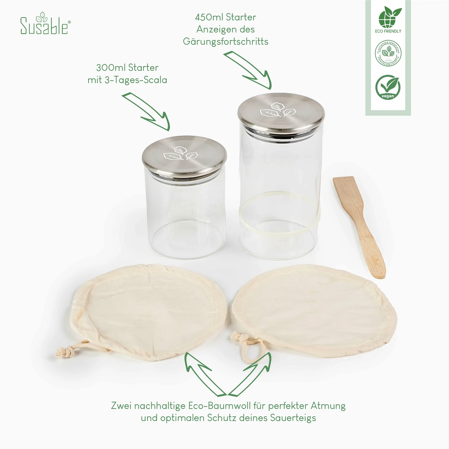 Weithalsgläser mit Messskala im Susable Starter Set bieten dir die Kontrolle über den Gärungsprozess und machen die Sauerteigherstellung präzise und nachhaltig.