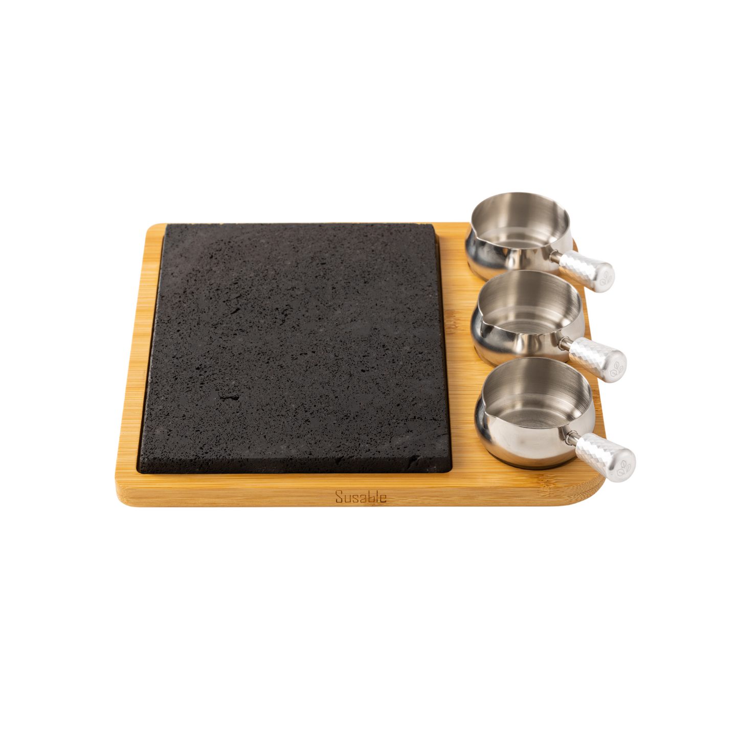 "Premium Raclette Lavastein-Grillset" - Natur-Lava-Stein / inkl. 3 Soßen-Töpfe – Bambusbrett für stilvolles Grillen