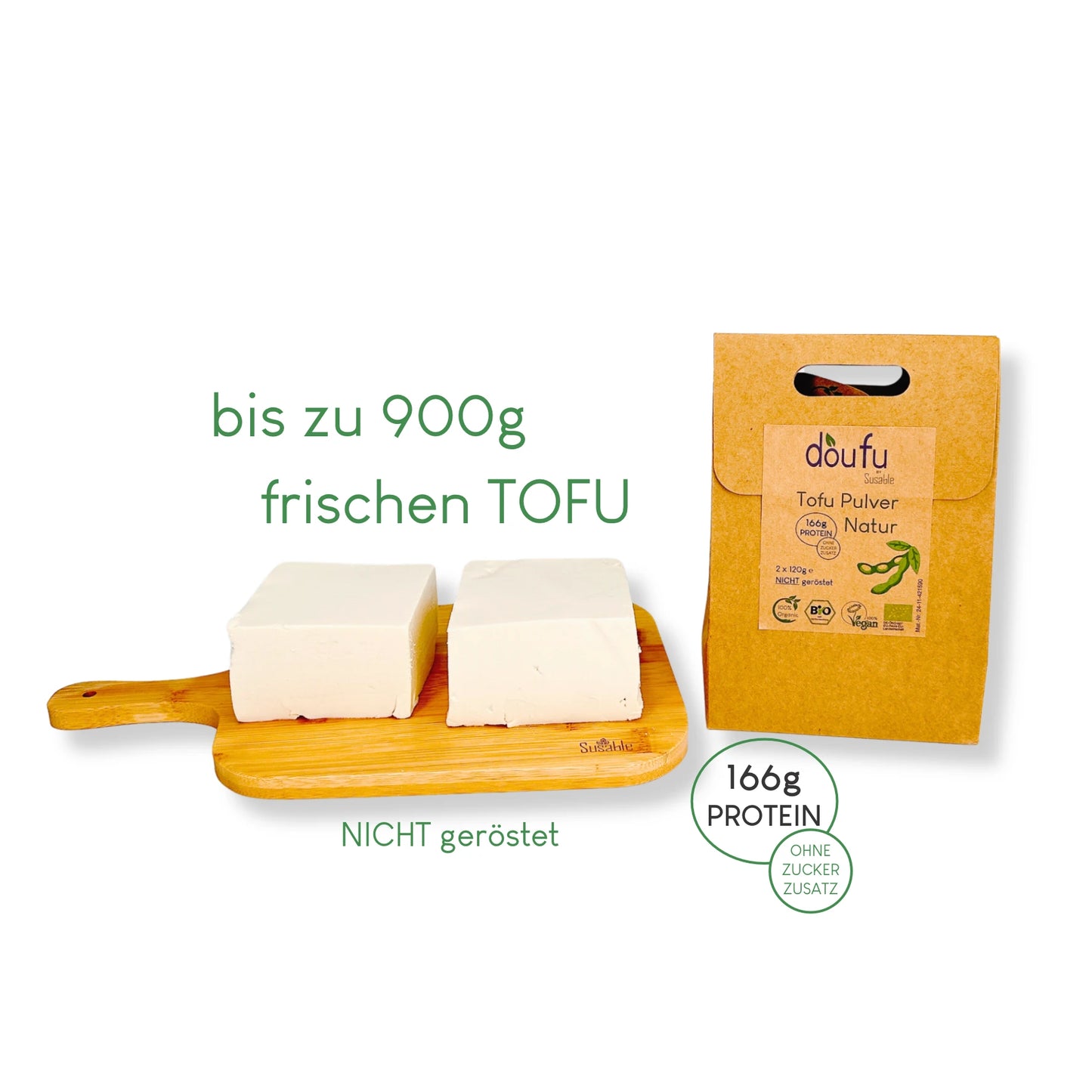 Verpackung mit 2x120g Bio Tofu Pulver und umweltfreundlicher Craft Paper Anleitung