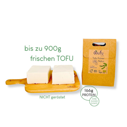 Verpackung mit 2x120g Bio Tofu Pulver und umweltfreundlicher Craft Paper Anleitung