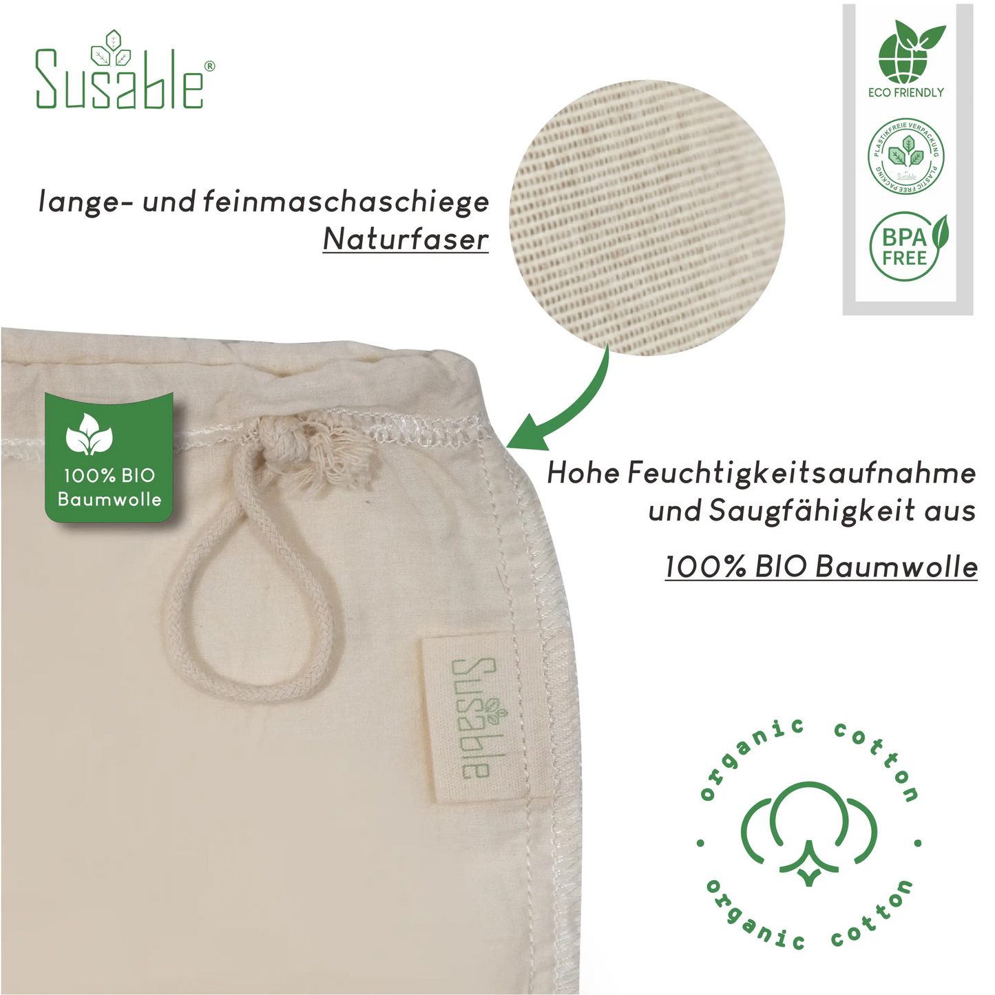 Susable Nussmilchbeutel – Hergestellt aus 100% Bio-Baumwolle, bieten sie eine hervorragende Feuchtigkeitsaufnahme und Saugfähigkeit dank der engmaschigen Naturfaser. Ideal für nachhaltige Küchenprojekte