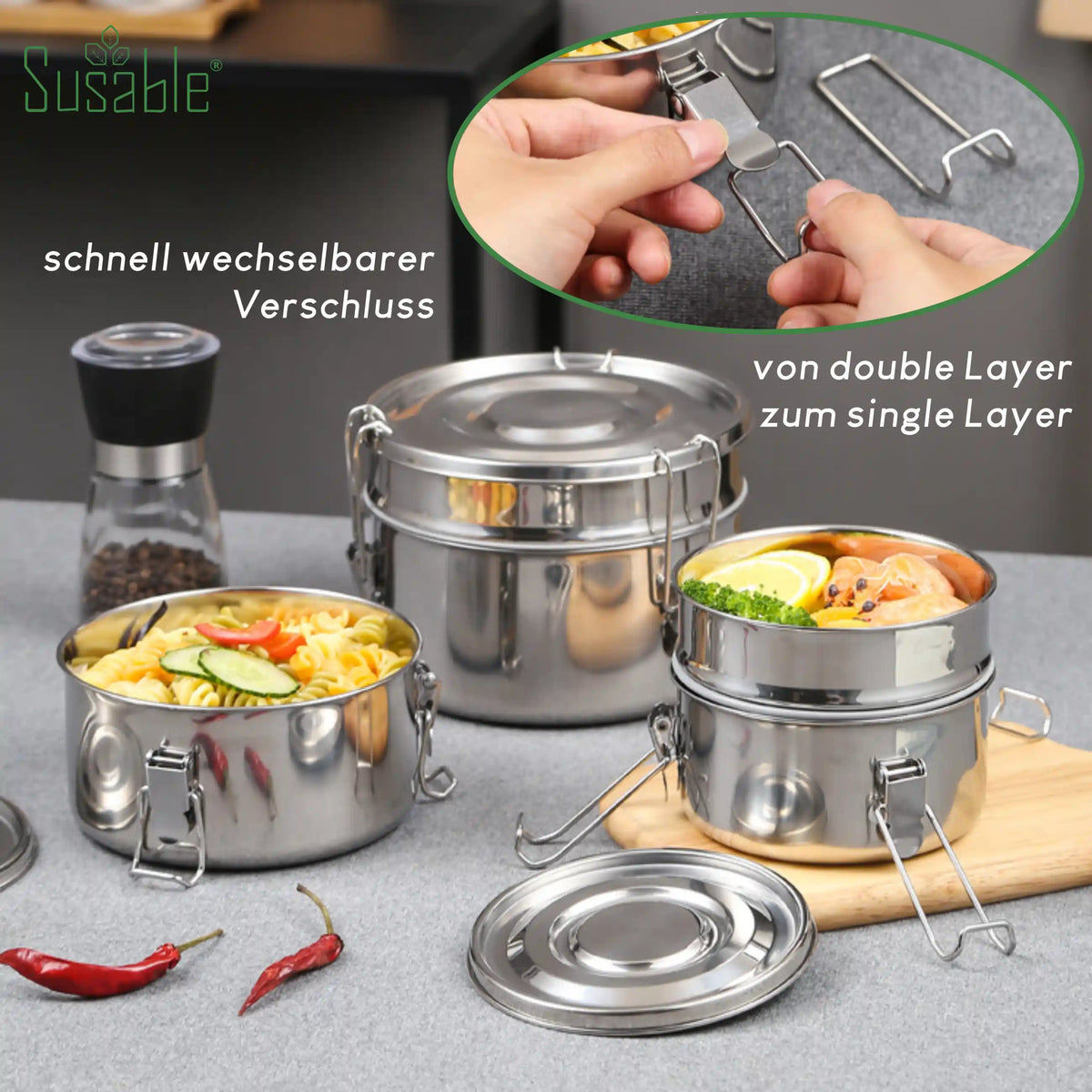 Doppel Layer Lunch Box 1400ml Edelstahl, auslaufsicher, mit Besteck, v – Susable