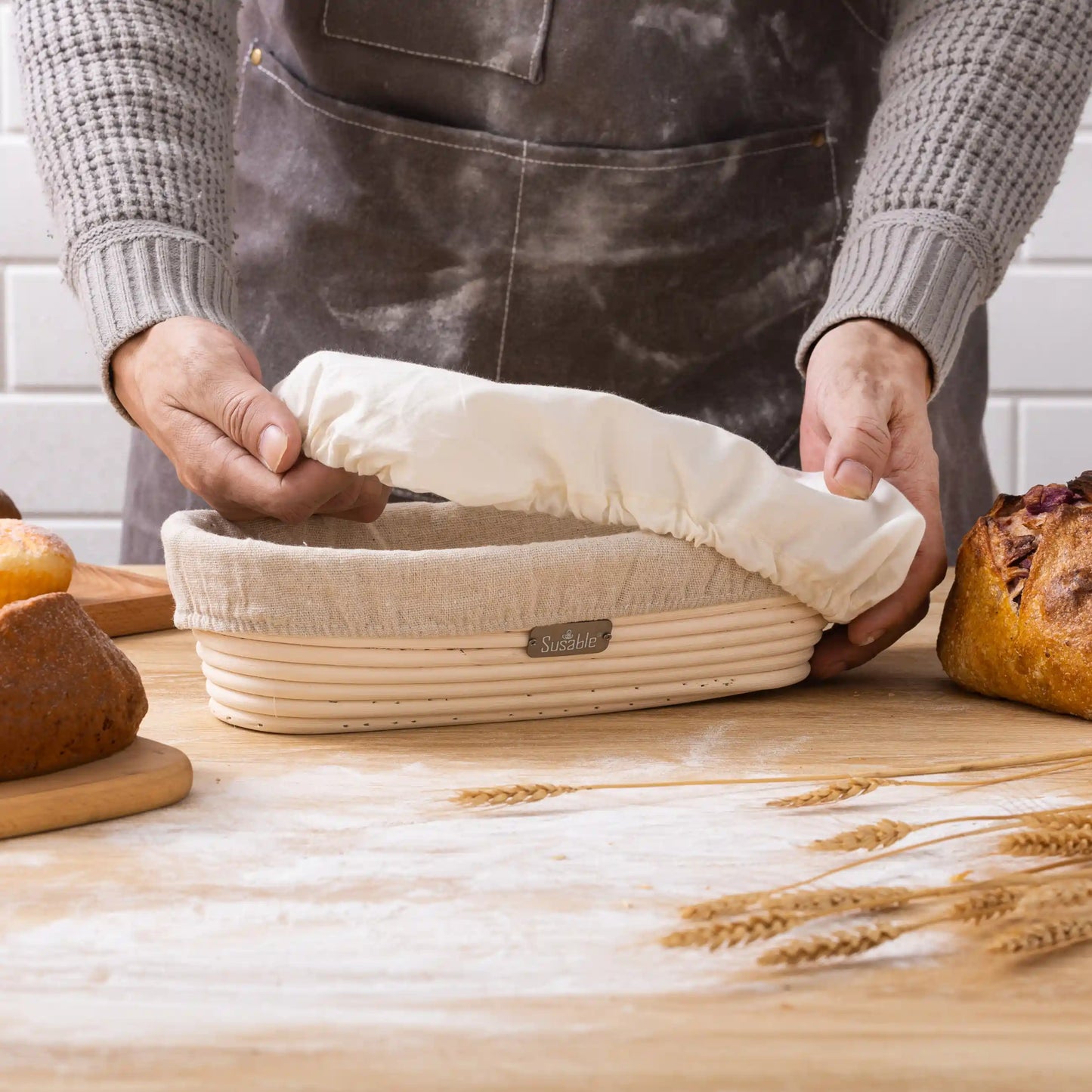 SUSABLE® Brot Gärkorb Oval mit Leinen Einsatz und Eco-Baumwollabdeckung, schützt den Teig während der Gärphase